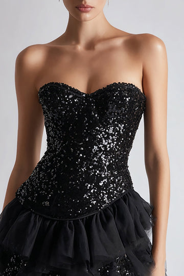 Bustier scintillant corset trapèze petite robe noire à sequins